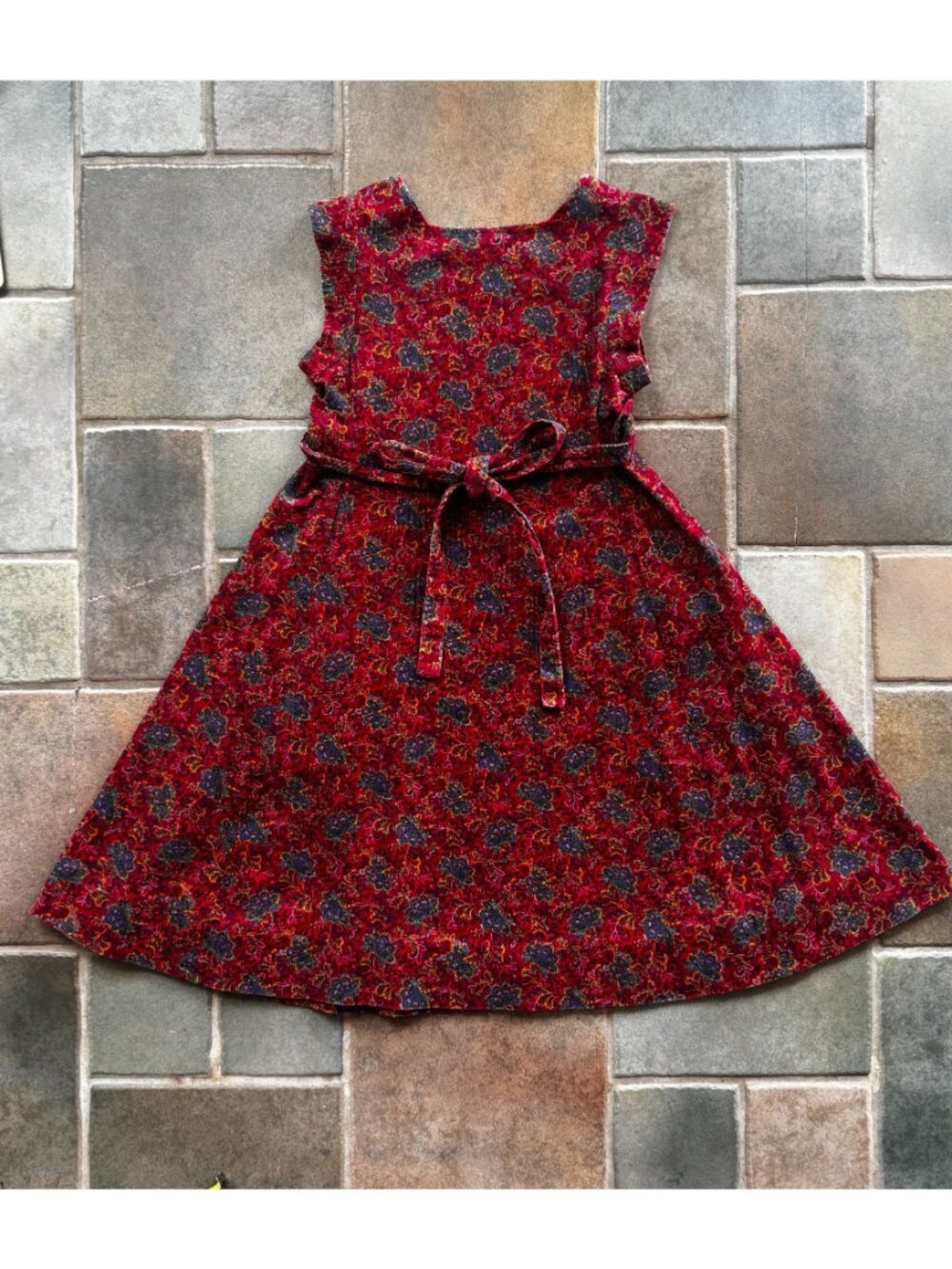 Vintage Handmade Red Floral Corduroy Dress With Ruffle Sleeves & Tie Waist - Swe - Picture 3 of 9
